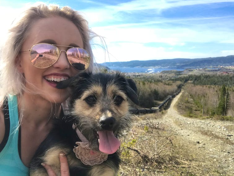 Ash-Lee Walsh and her dog Hazel are seen on the pipeline trail in Corner Brook. The pair had a close encounter with a moose there earlier this week.
Contributed
