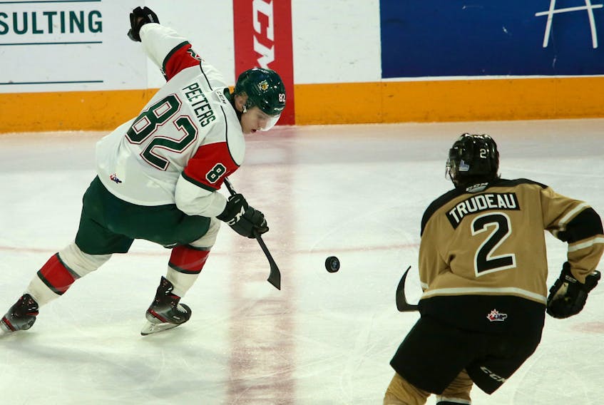 Belgian forward Senna Peeters, left, will return for a second season with the Halifax Mooseheads in 2020-21. He is shown during a game against the Charlottetown Islanders at the Scotiabank Centre last season. (TIM KROCHAK/Chronicle Herald)