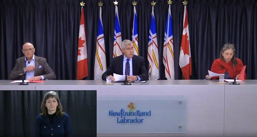 (From left) Health Minister John Haggie, Premier Dwight Ball and chief medical officer Janice Fitzgerald give a video update on COVID-19 in St. John's Wednesday. SCREEN GRAB