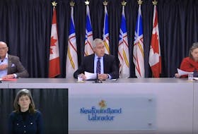 (From left) Health Minister John Haggie, Premier Dwight Ball and chief medical officer Janice Fitzgerald give a video update on COVID-19 in St. John's Wednesday. SCREEN GRAB