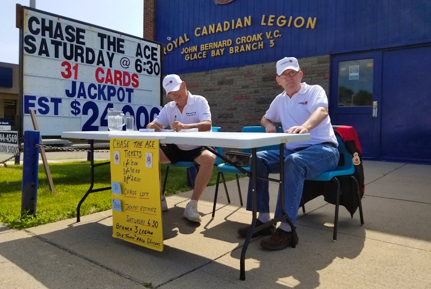 In this file photo from July 2019, Bob Mounce, left, and Bill McCann sit outside John Bernard Croak Elementary School  selling tickets for the Glace Bay Legion’s first Chase the Ace fundraiser, which raised $218,000. The legion is currently holding its second Chase the Ace fundraiser but is unsure how they’re going to conduct the weekly draw now that COVID-19 precaution measures are in effect in Nova Scotia. CAPE BRETON POST PHOTO  