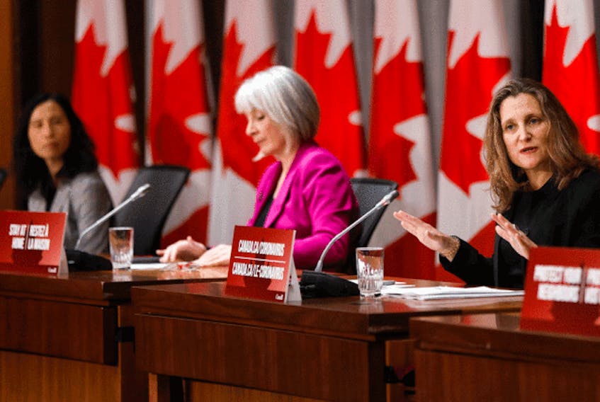  From right, Deputy Prime Minister Chrystia Freeland, Minister of Health Patty Hajdu and Chief Public Health Officer Dr. Theresa Tam hold their daily briefing on COVID-19 in Ottawa, April 9, 2020.