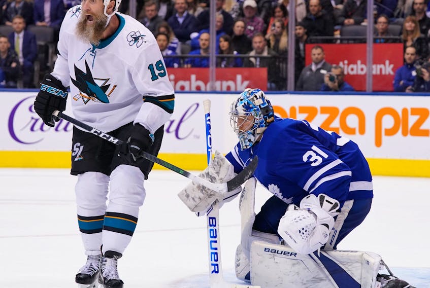 Maple Leafs goalkeeper Frederik Andersen says former Western Conference foe Joe Thornton was a load to handle when the big forward parked himself near the crease. Andersen adds that he is glad he doesn’t have to face him side this coming season. 