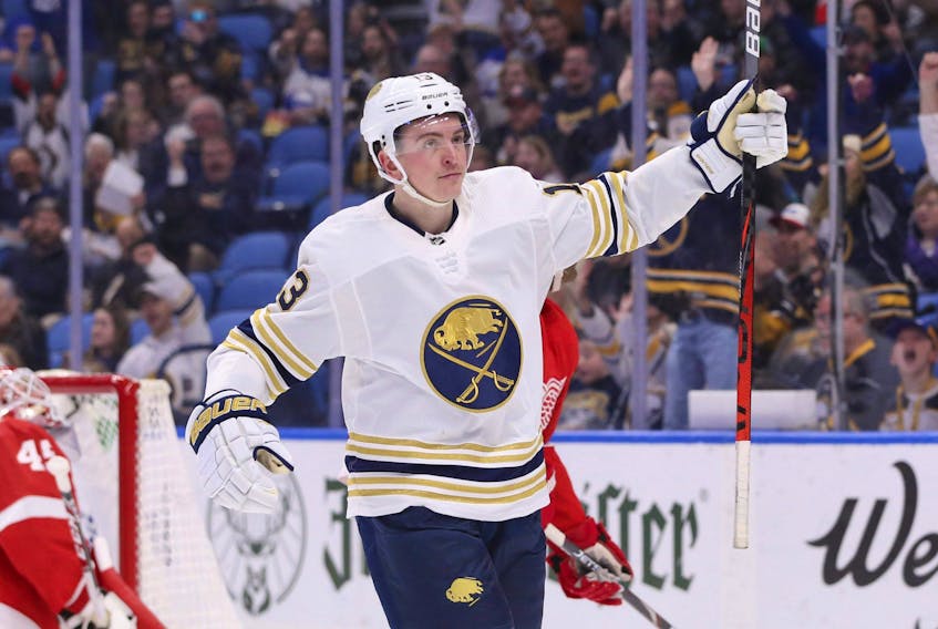 Jimmy Vesey celebrates one of he nine goals he scored for the Buffalo Sabres this past season.. 