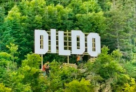 A Hollywood-like sign can be seen over the town of Dildo, Newfoundland in Canada in this undated handout photo provided August 19, 2019. After a Hollywood-like sign went up over Dildo, N.L., thanks to a segment on Jimmy Kimmel Live, town officials are asking people to stop climbing through private property to take photos with it, warning the sign may have to come down. 