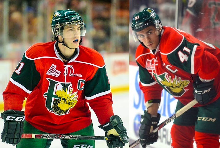Former Halifax Mooseheads captains Cameron Critchlow, left, and Maxime Fortier, right, signed to play professional hockey in Britain in the Elite Ice Hockey League's upcoming Elite Series.