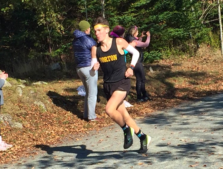 Horton High School's Brett King won the intermediate boys' race at Monday's NSSAF cross-country provincial championship at Halifax's Point Pleasant Park. (WILLY PALOV/Chronicle Herald)