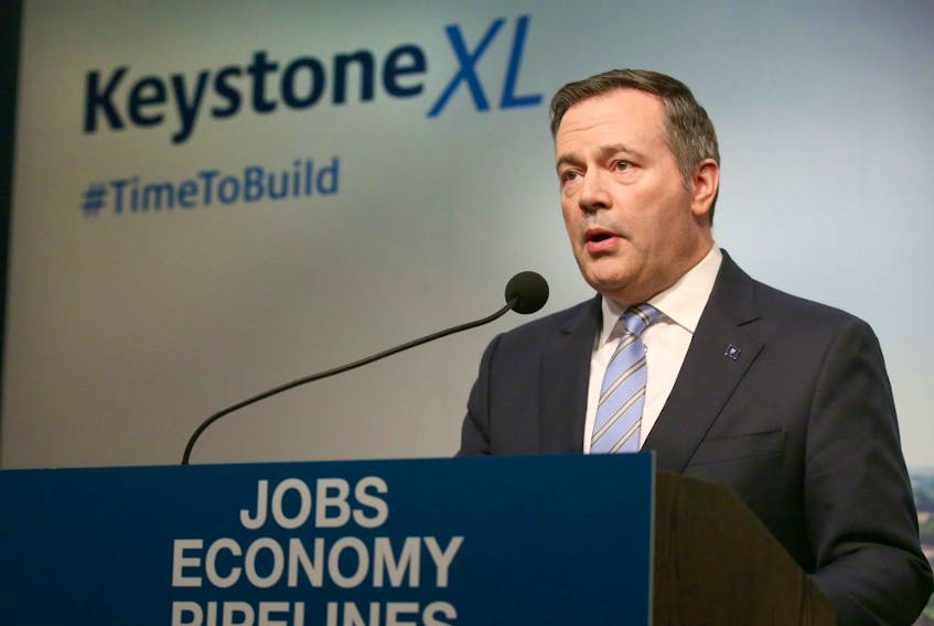  Premier Jason Kenney speaks in Calgary on March 31, 2020, about the the plan to accelerate construction on the Keystone XL pipeline.