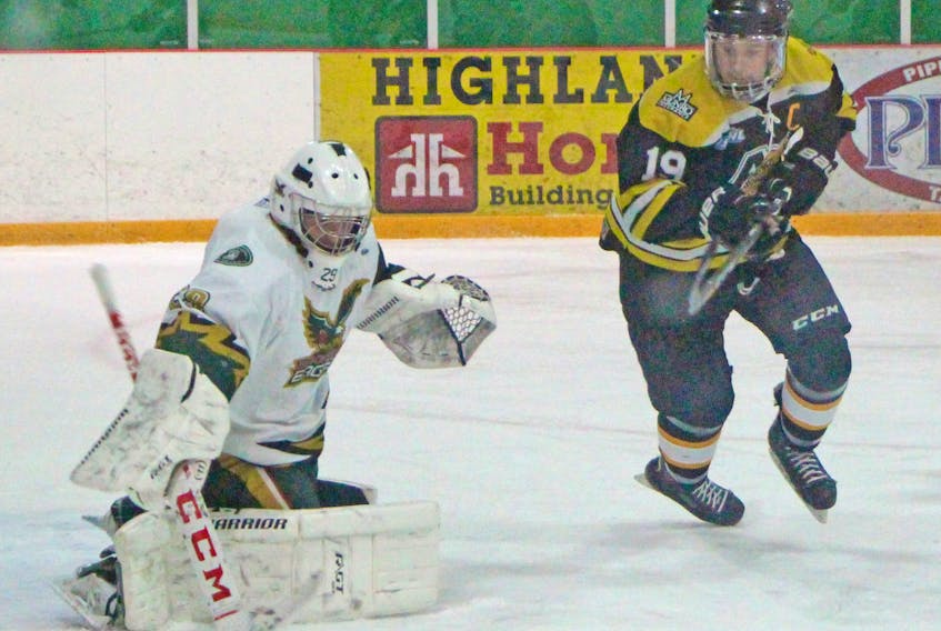 Antigonish AA Munro Junior Bulldogs' captain Andrew Boyle chases after a rebound in action versus the Eskasoni Eagles in Nova Scotia Junior Hockey League action. Corey LeBlanc 