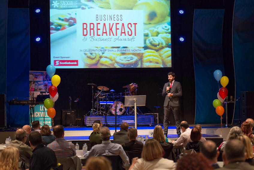 Tareq Hadhad, owner of Peace by Chocolate, addressed almost 200 business owners at the Sackville Business Association's annual breakfast in celebration of Small Business Month.