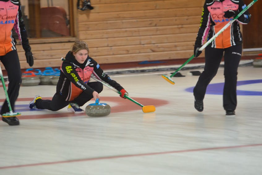 Skip Lauren Ferguson in action during Saturday morning’s draw at the Pepsi provincial junior curling championships at the Crapaud Community Curling Club. Ferguson skipped her Cornwall Curling Club rink to the provincial title on Sunday afternoon.