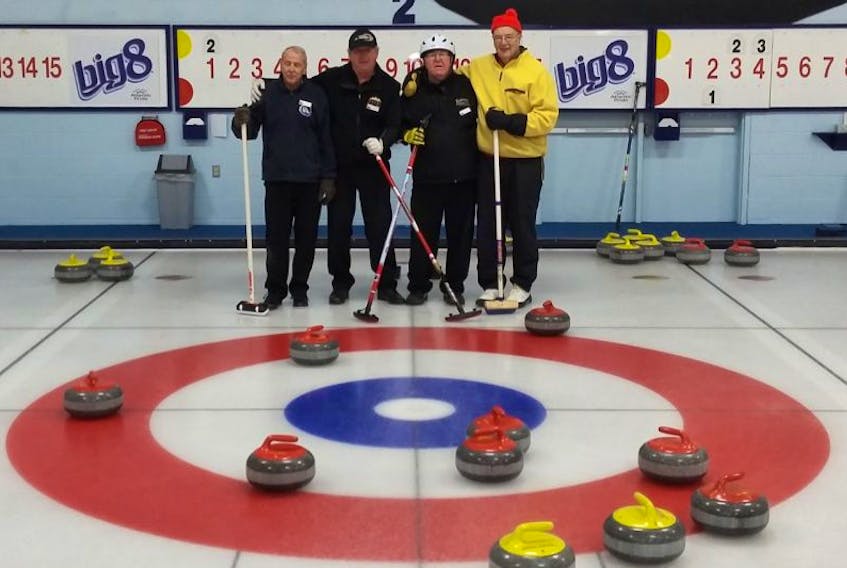 This foursome at the Bluenose Curling Club recently scored an eight-ender, a rarity in the sport. From left are Cyril Gerrior, Chris Blundell, Robert Simpson, and Merle Pratt. SUBMITTED