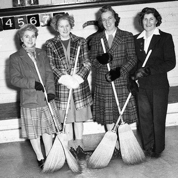 A team of stylish women curlers from Sydney in the 1940s. Note the kitchen brooms. CONTRIBUTED/13.1 AS Fonds. Beaton Institute