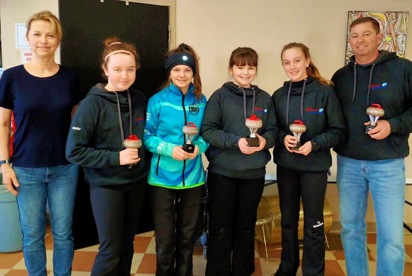The Ella Lenentine rink out of the Cornwall Curling Club recently won the P.E.I. under-13 open curling championship at the Montague Curling Club. From left are Curl P.E.I. president Sandy Matheson, lead Kacey Gauthier, second Makiya Noonan, third Mollie Shaw, skip Ella Lenentine and coach Robbie Lenentine.