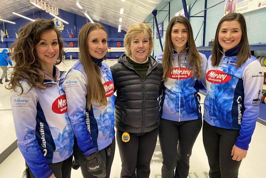 The Mayflower rink of skip Jill Brothers, left, third Erin Carmody, fifth Kim Kelly, second Jenn Brine and lead Emma Logan routed Yukon 13-4 during the second day of the Scotties Tournament of Hearts in Calgary on Saturday. Nova Scotia sits at 1-1. - Contributed