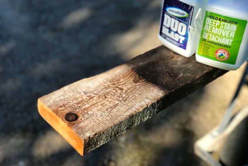 The best oxygen-based stain removers can brighten deeply discoloured surfaces. Cleaning this piece of weathered wood happened without any scrubbing. (STEVE MAXWELL)