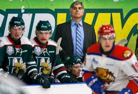 Halifax Mooseheads head coach J.J. Daigneault watches his team during a game against the Moncton Wildcats. (TIM KROCHAK/Chronicle Herald)