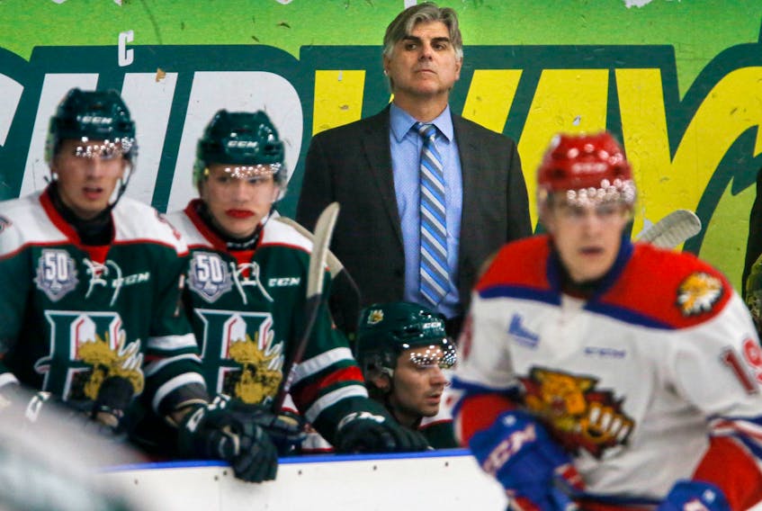 Halifax Mooseheads head coach J.J. Daigneault watches his team during a game against the Moncton Wildcats. (TIM KROCHAK/Chronicle Herald)