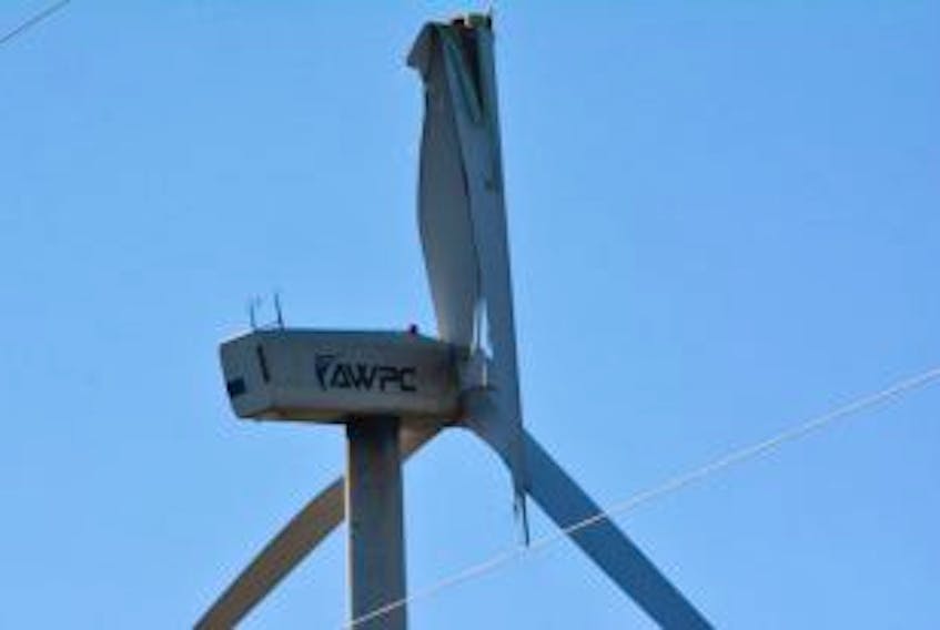 ['<p>A broken blade on a wind turbine at the Pubnico Point Wind Farm on Sunday, March 20. Nearby resident Maurice D’Eon heard something like thunder in the sky before heading outside to see the damage.</p>']