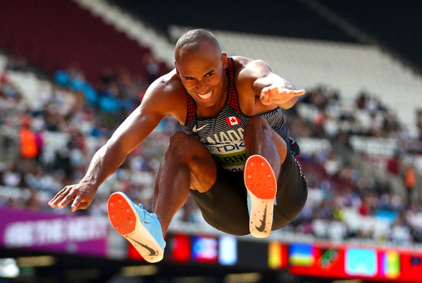 Decathlete Damian Warner of Canada competes in the Men's Decathlon Long Jump during day eight of the 16th IAAF World Athletics Championships London 2017 on Aug. 11, 2017 in London, England.