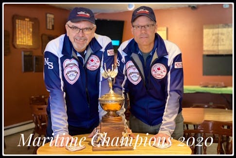 Dave MacDougal and Paul Doucet of Yarmouth captured their third Maritime stick curling championship over the weekend in Woodstock. CONTRIBUTED