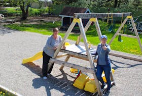 Tiny Town Daycare co-director Vivian Morrison (right) gives a thumbs up to reopening daycares in Nova Scotia on June 15. Her eagerness to get students back is shared by her co-director Teresa Gillam, who is standing next to her in one of the play areas in the backyard of the childcare facility they have worked at since the 1980s. Provincial COVID-19 infection prevention guidelines for childcare settings dictate the number of licensed students is temporarily cut in half, dropoffs and pickups must be staggered and no student or staff can be at the facility if they aren't feeling well. NICOLE SULLIVAN/CAPE BRETON POST