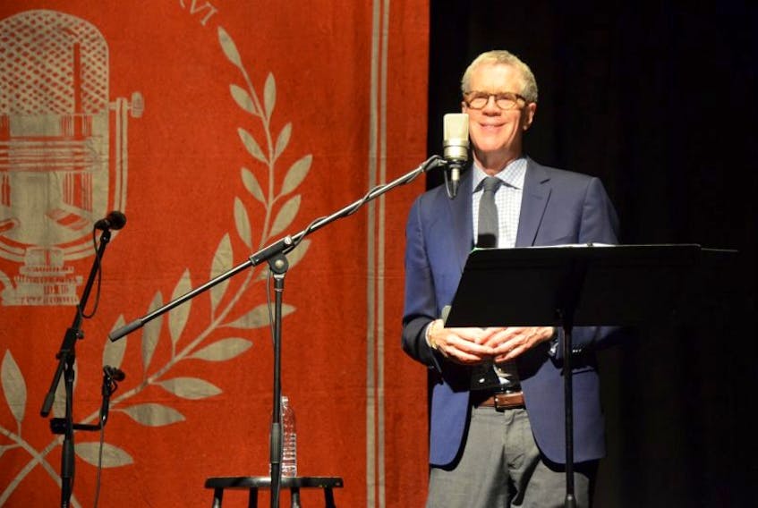 ["Stuart McLean at the King's Theatre in Annapolis Royal in May of 2014."]