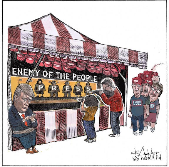 Michael de Adder cartoon depicting Trump's assertion that the media is the enemy of the people.