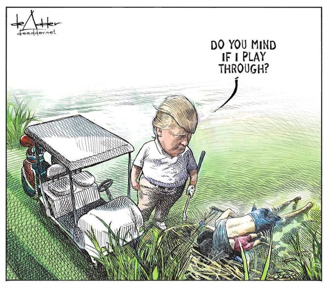 Michael de Adder's cartoon shows U.S. President Donald Trump playing golf over the bodies of a drowned migrant man and his daughter.