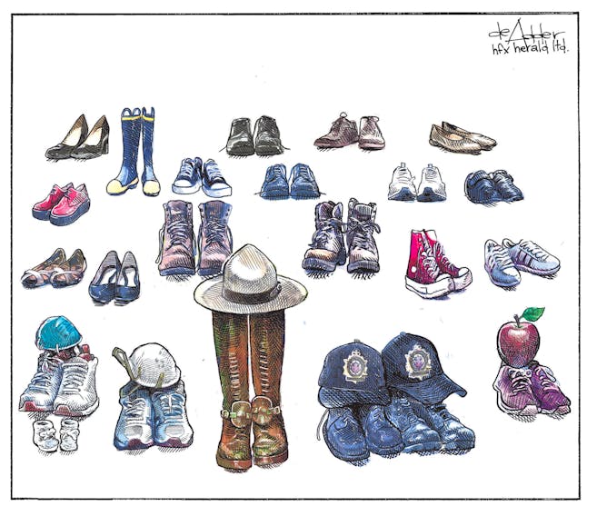 Michael de Adder cartoon for April 21, 2020. (This is a later version, redrawn to add baby boots to represent mass shooting victim Kristen Beaton's unborn child)