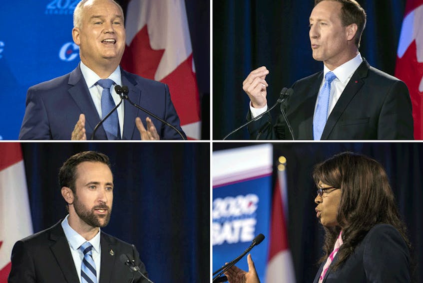 Conservative Party of Canada leadership candidates (clockwise from top left) Erin O’Toole, Peter MacKay, Leslyn Lewis and Derek Sloan during the English-language leadership debate in Toronto on June 18, 2020.