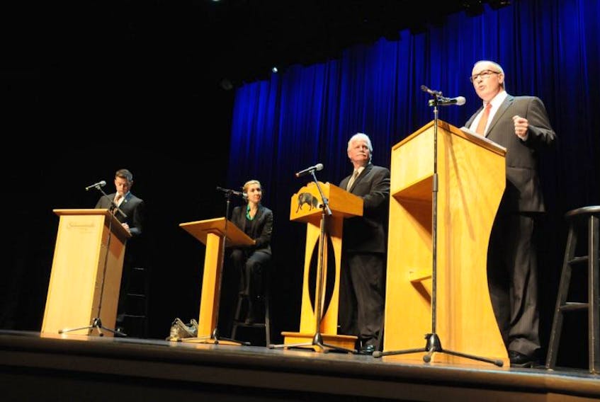 <p>The four candidates participating in the Oct. 17, District 21 byelection gathered at the Harbourfront Theatre Tuesday night for a debate sponsored by the Journal Pioneer and the Greater Summerside Chamber of Commerce. From left are Scott Gaudet of the NDP, Lynne Lund of the Green Party, Brian Ramsay of the PCs and Chris Palmer of the Liberals.</p>