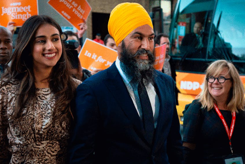  NDP Leader Jagmeet Singh, with his wife Gurkiran Kaur, arrives to the French televised debate at TVA in Montreal, Oct. 2, 2019.
