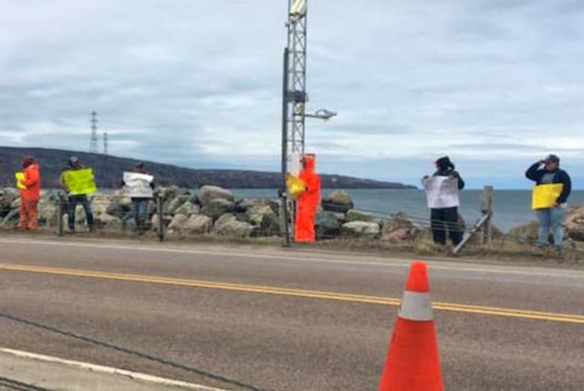 Some of the upwards of 75 fishermen from the Gulf region protested the two-week delay of the lobster season at the Canso Causeway on Monday. CONTRIBUTED/Cassie MacGillivray