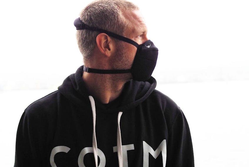 Jay DeMerit models the sport mask being produced by DropGard, a B.C.-based company that has ties to local soccer team TSS.