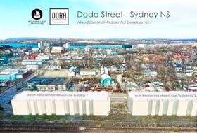 A visual image depicting where Somerled Properties/DORA Construction will be constructing new multi-residential and mixed-use buildings on the site of the former train station on Dodd Street in Sydney. The site highlights the prime location, on the edge of the heart of the downtown, backdropped by Sydney harbour. CONTRIBUTED/DORA Construction