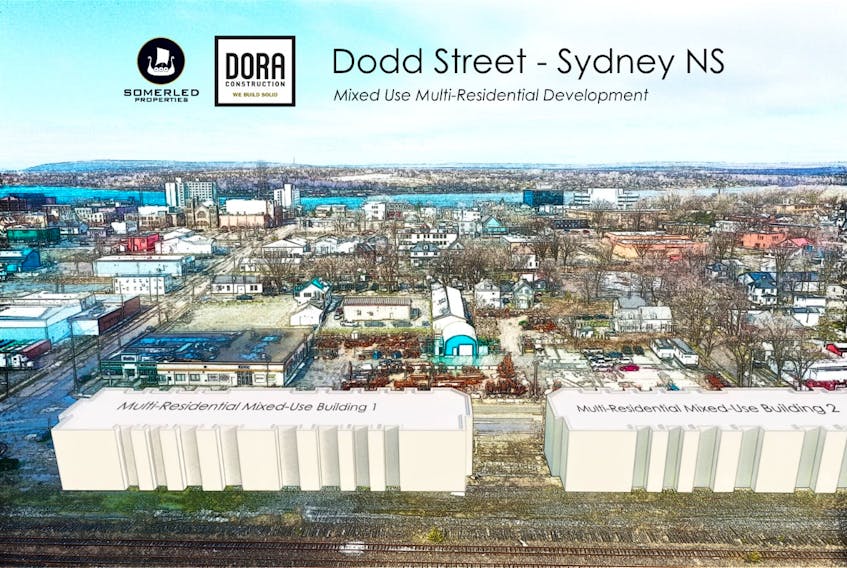 A visual image depicting where Somerled Properties/DORA Construction will be constructing new multi-residential and mixed-use buildings on the site of the former train station on Dodd Street in Sydney. The site highlights the prime location, on the edge of the heart of the downtown, backdropped by Sydney harbour. CONTRIBUTED/DORA Construction