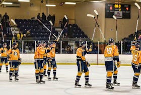The Yarmouth Mariners salute their fans after their last game of the regular season on March 7. What the team didn't know at the time was this was also their goodbye as the playoffs have been cancelled. KEN CHETWYND PHOTO