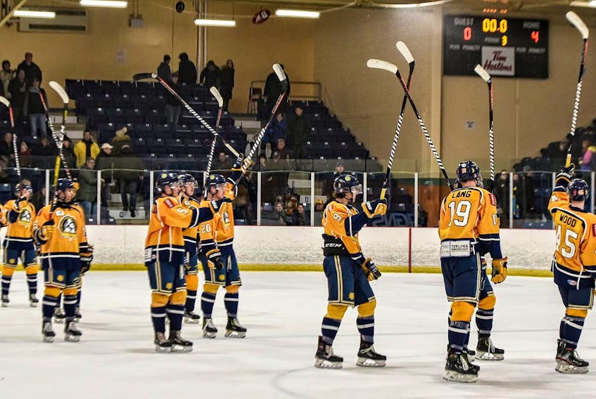 The Yarmouth Mariners salute their fans after their last game of the regular season on March 7. What the team didn't know at the time was this was also their goodbye as the playoffs have been cancelled. KEN CHETWYND PHOTO