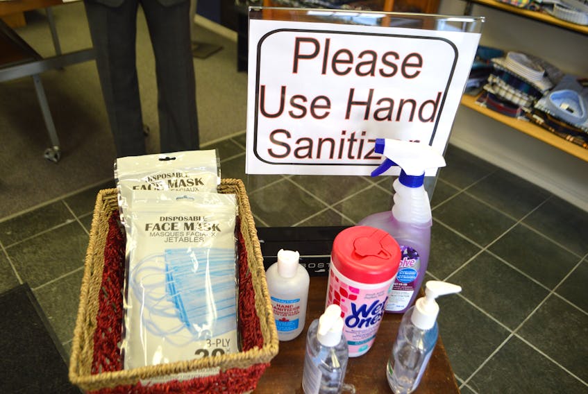 A sanitize station set up at the front of Spinner’s Men’s Wear on Charlotte Street in Sydney, now adjusted also in preparation for masks being mandatory in all indoor public places in Nova Scotia as of today. Sharon Montgomery-Dupe/Cape Breton Post