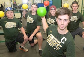 Summerside Chiefs captain Ty Wright, front, and his teammates are ready to defend their Berry Healthy Island&nbsp;Dodgeball Championship. From left are coach Christian Clow, Nathan Fraser, Colin Loerick and Jesse MacFarlane.