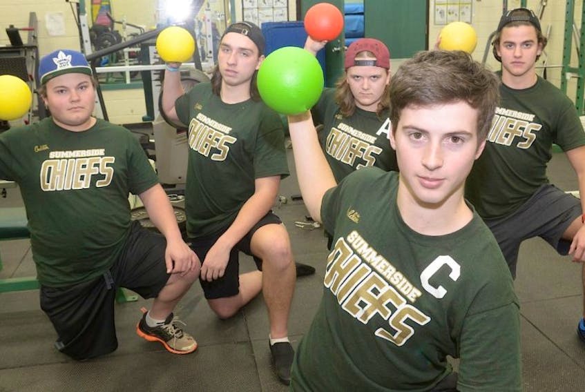 Summerside Chiefs captain Ty Wright, front, and his teammates are ready to defend their Berry Healthy Island&nbsp;Dodgeball Championship. From left are coach Christian Clow, Nathan Fraser, Colin Loerick and Jesse MacFarlane.