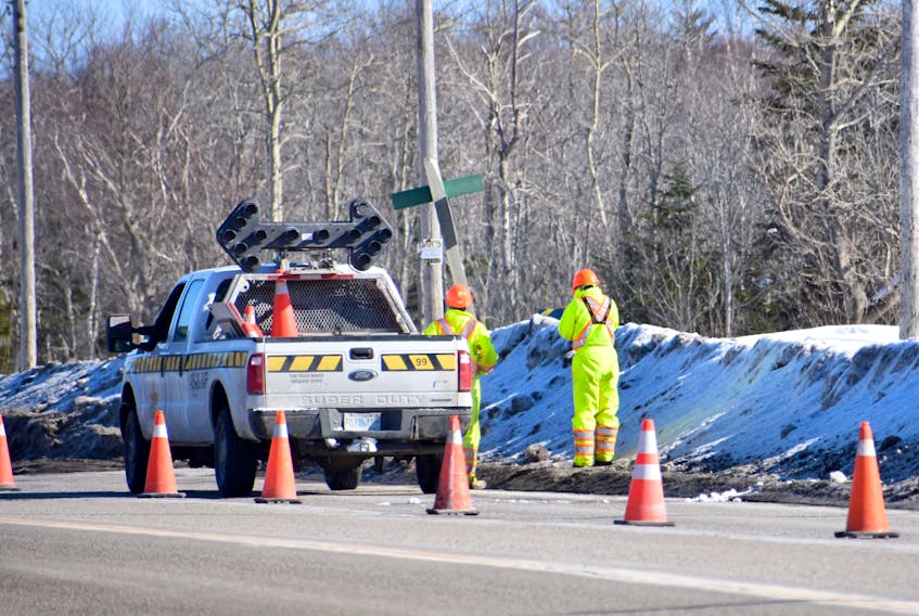 Crews were working at the intersection where the Donkin Coal Road meets Route 4, near Grand Lake Road, on Wednesday. NIKKI SULLIVAN/CAPE BRETON POST 