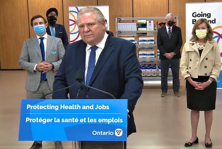 Premier Doug Ford didn't mince words during a briefing on Friday, March 26, 2021, when he harangued Prime Minister Justin Trudeau for an inconsistent delivery of vaccines to Ontario that is making it difficult for provincial health officials to get shots in arms.