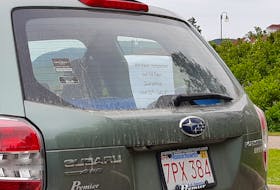 It appears visitors parked by a hiking trail in Ingonish may have heard about drama on social media regarding some concerns over licence plates outside the Atlantic bubble, or simply wanted residents to know they abided by all the public health directives. Contributed/Charlie Seymour