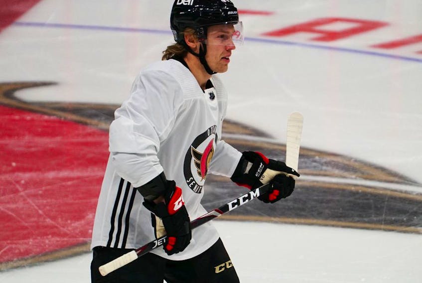 Ryan Dzingel at Senators practice on Sunday, February 28, 2021. Phot by Matthew Tidcombe, Ottawa Senators Hockey Club