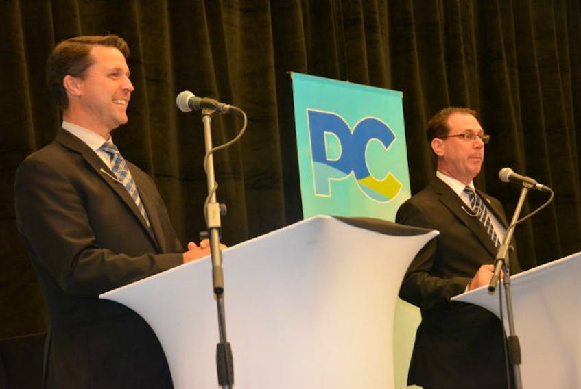 Brad Trivers, Rustico–Emerald MLA, left, and James Aylward, Stratford–Kinlock MLA took part in the first leadership forum for the race for a new Progressive Conservative leader on the Island. 