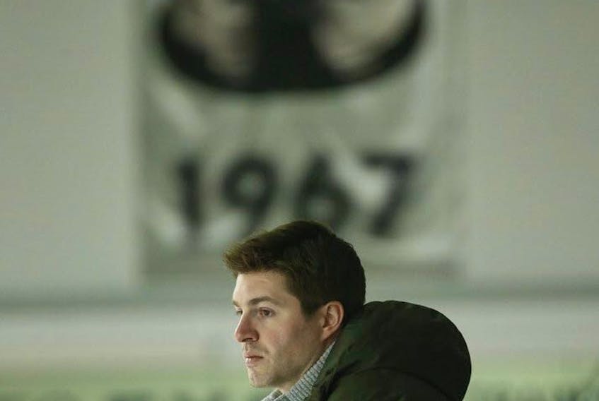 Toronto Maple Leafs general manager Kyle Dubas attends a team workout on Feb. 19, 2020. 
