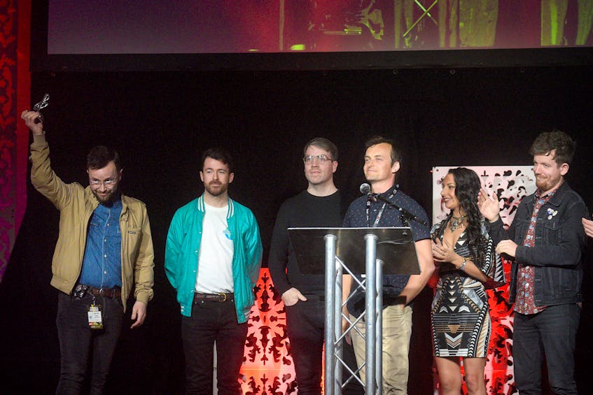 Members of Paper Lions accept the ECMA for Pop Recording of the Year during the East Coast Music Awards Show in Charlottetown on Thursday, May 2, 2019.