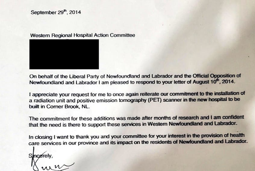 Former premier Dwight Ball confirmed his party's commitment to putting a radiation unit and PET scanner in the new Corner Brook hospital while still in Opposition in September 2014.